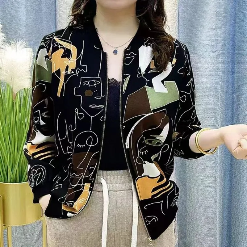 Zipper Sweatshirt Long Sleeve Jacket Summer Sunscreen Clothing Floral Print Thin Short Coat Baseball Lady Leisure Cardigan Tops