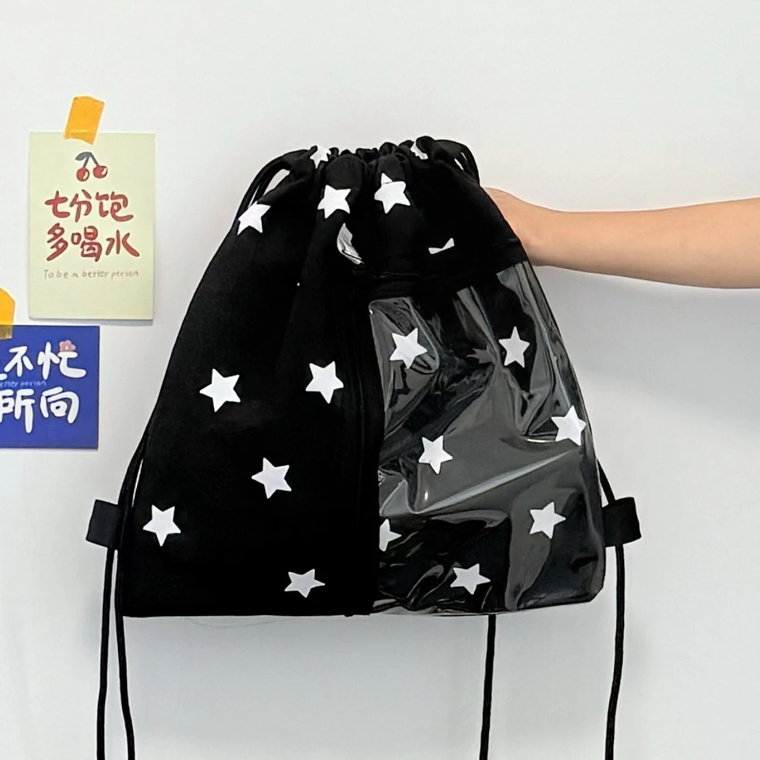 Star backpack + transparent zipper pocket (no hanging ornaments)
