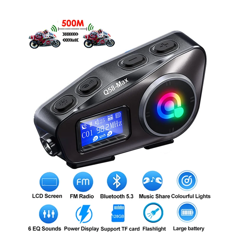 

Bluetooth Motorcycle Intercom Helmet Headset V5.3 Interphone TF Card Music Playing LED Light LCD Screen Music Share For 2 Riders