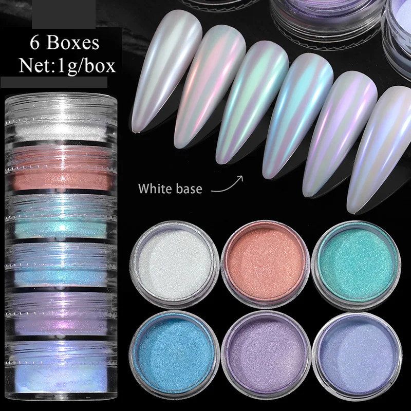6Box/Set Pearl Nail Powder Shell White Pigment Dust Laser Mirror Chrome Effect Rubbing Dust Gel Polish Nail Manicure Decorations