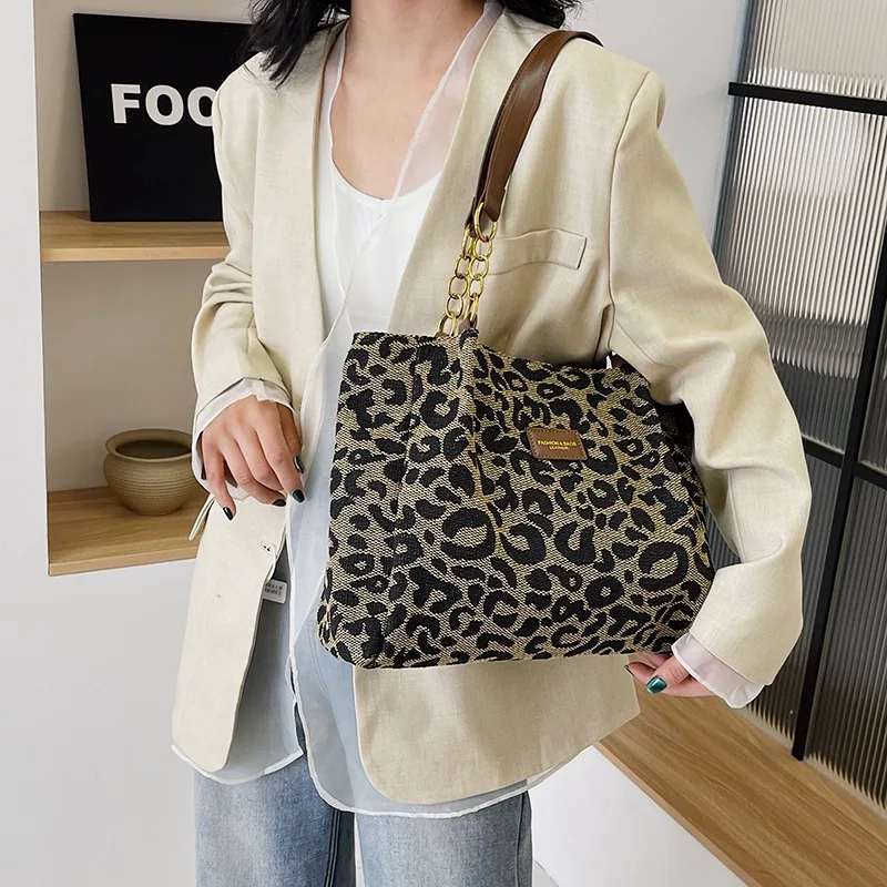 Vintage Women's Shoulder Bags Leopard Print Zipper Handbags Daily Commuting Casual Tote Bag