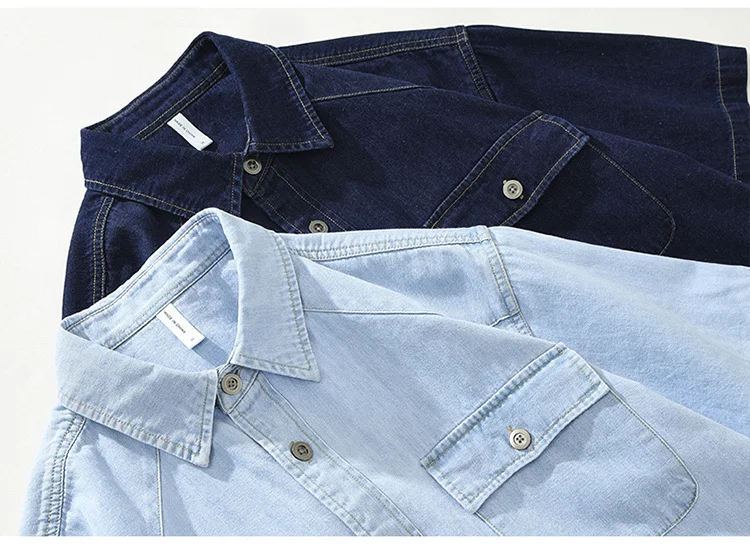 Summer Short Sleeve Denim Shirt Men Casual Loose Blue Jeans Japanese Double Pockets Cowboy Youth Fashion