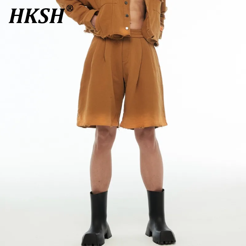 

HKSH Весна Лето Новые мужские свободные силуэты выцветшие края эластичный материал дизайнерские шорты винтажные шикарные Бриджи HK1149