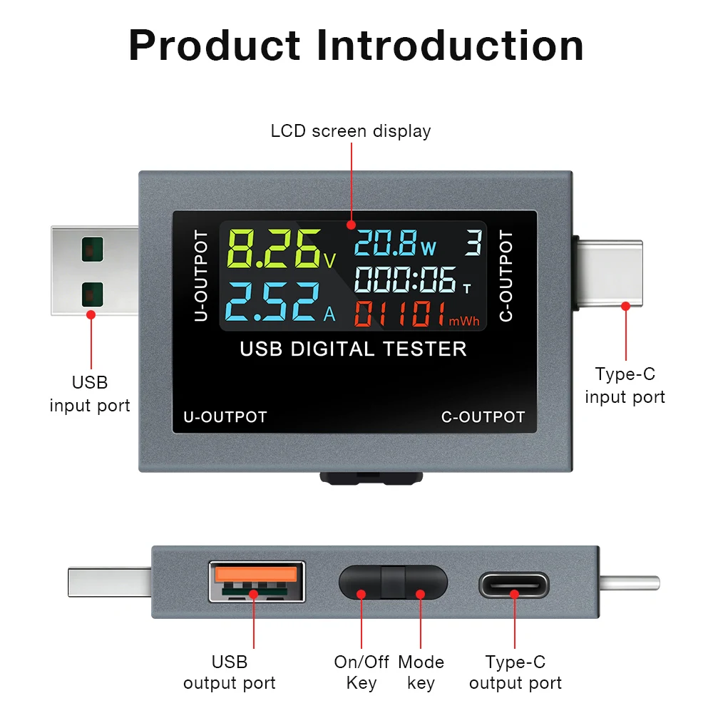 DC4-30V 디지털 전압계 USB Type-C 테스터 전압 전류계 전력계 보조베터리 충전 감지기 배터리 용량 테스터