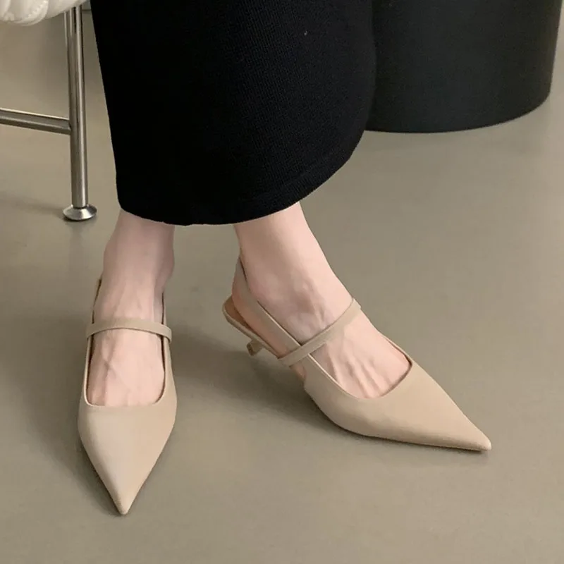 Women White Sandal Fashion Pointed Toe Shallow Slip On Slingback Shoes Thin Med Heel Outdoor Dress Muler