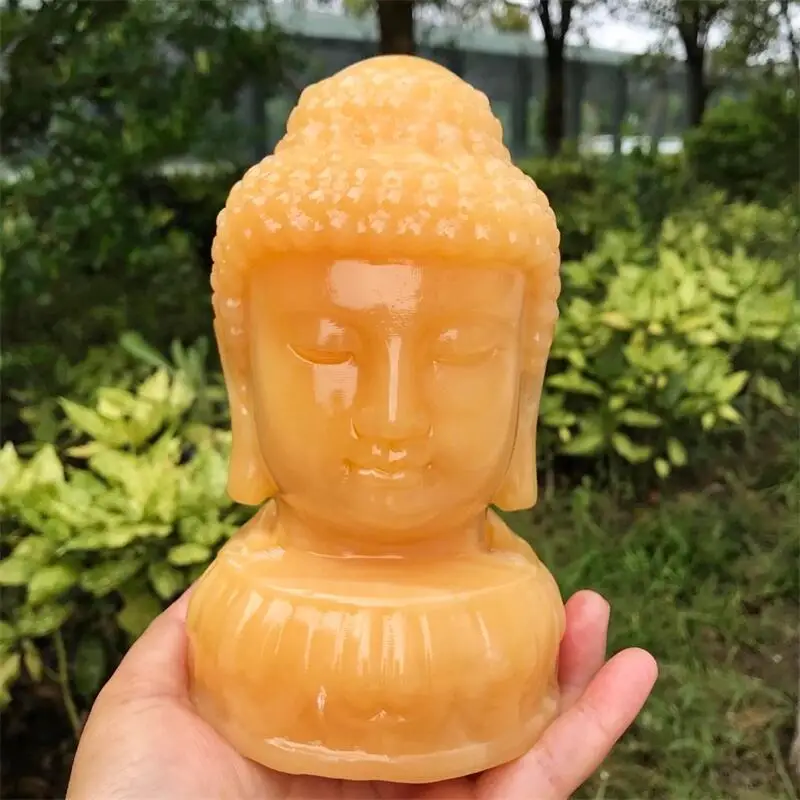 

15CM Natural Orange Calcite Buddha Head Crystal Figurine Carving Buddhism Home Decoration Healing Meditate Reiki Feng Shui 1pcs