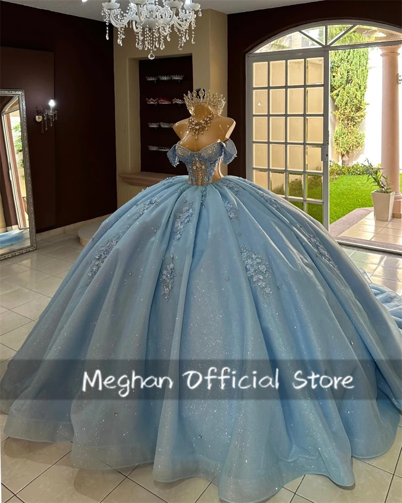 Blue Bead Appliques Quinceanera Dresses Ball Gown 3D Flower Birthday Luxury Dress Off The Shoulder Formal Gown Customized