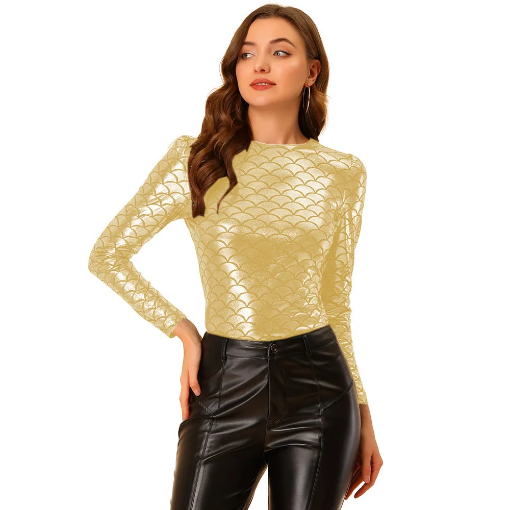 Sexy Faux Leather Long Sleeve Round Neck T-Shirts, Skinny Blouse, Shiny Fish, Mermaid Scales Shirt, Party Tops, Clubwear , 7XL 6