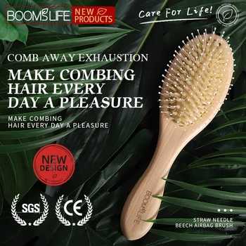 BOOMSLIFE Soft Boar Bristle Hair Brush Mix Nylon Women Custom Name Anti-Static Wood Comb for Wet and Dry Hair Barber Accessories