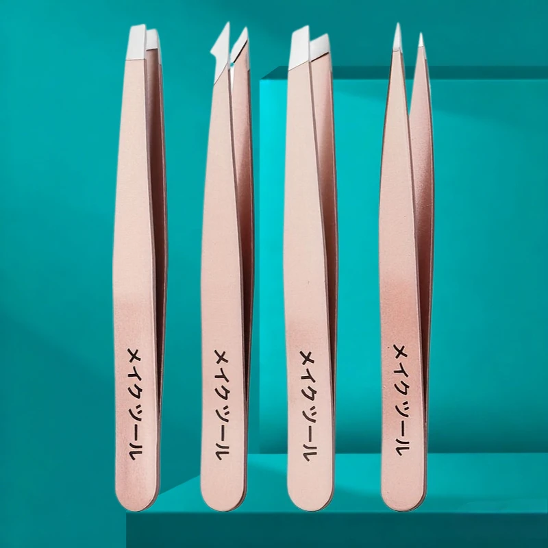 4pcs 로즈 골든 핀셋 눈썹 클립 속눈썹 연장 고급 플랫 슬랜트 포인트 눈썹 뷰티 세트 스테인레스 스틸 클립