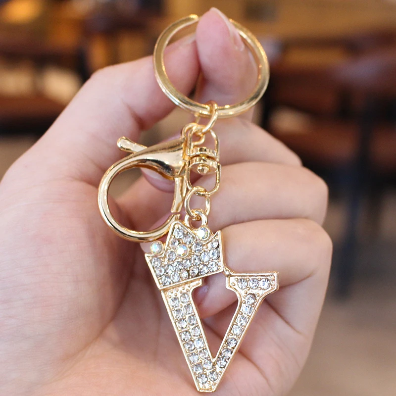26 Initial Letter Rhinestone Keychain For Women Charm Crystal Crown Gold Plated Key Ring Bag Car Key Chains DIY Accessoreis
