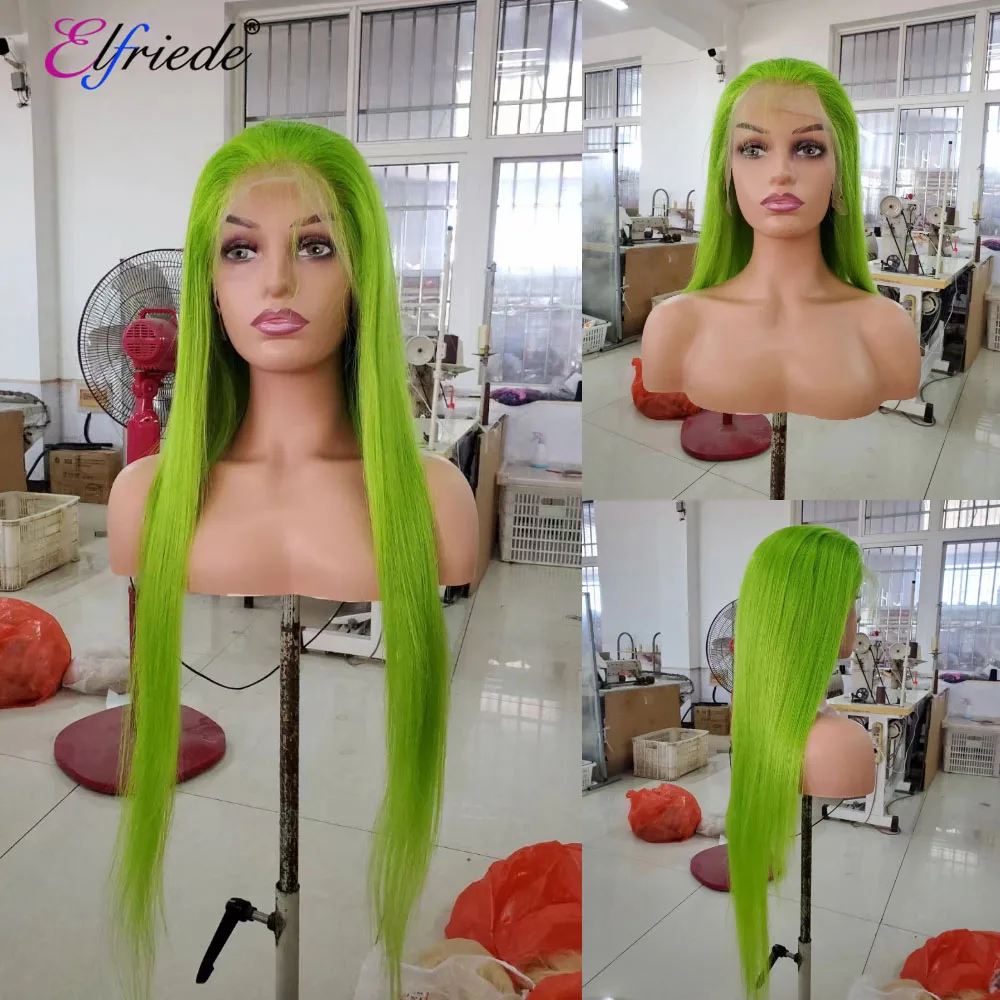 

Elfriede #Grass Green Straight Lace Front Wig for Women Colored Wig 4x4 13X4 13X6 HD Lace Frontal Wig 100% Remy Human Hair Wigs