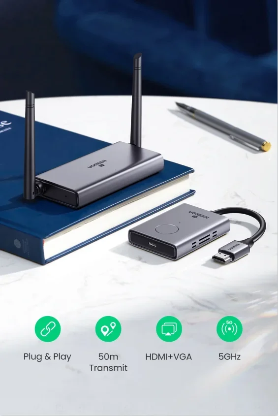TLF UGREEN CM506 무선 HD-MI 익스텐더 비디오 송수신기 키트 5G 50M 전송 디스플레이 동글 (TV, PC, PS5/4 모니터용)