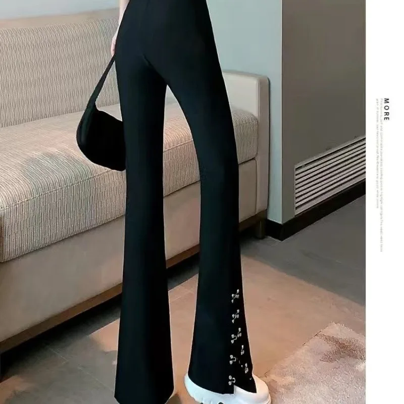 Korean Fashion Versatile Spring Autumn New Flare Pants Women Solid Color High Waist Elastic Casual Slit Wide Leg Trousers 2024