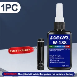 Premium UV Glue for Crafts - Waterproof, Highly Transparent, Quick Curing (Includes UV Lamp) (W.188 - 50ML - 1PC)