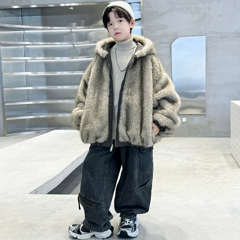 2025 겨울 신상 아동용 양면 후드 두꺼운 코트 남아용 인조 모피 원피스 따뜻한 면 코트 여아용 코트