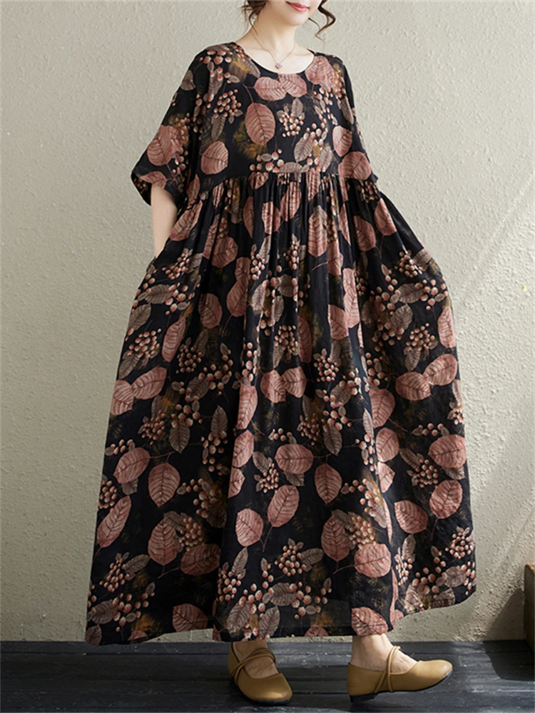 2025 New Summer Cotton Vintage Casual Loose Print Dresses For Women Short Sleeve Dress Femme Robe Vestidos Elegant Long Clothing