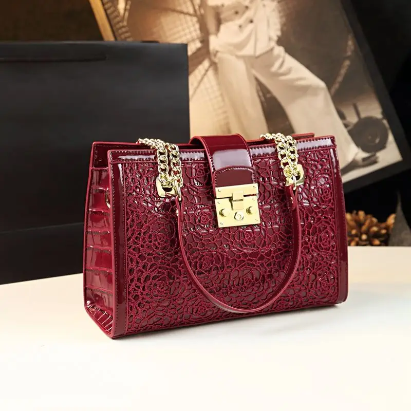 

Luxury Lace Crccodile Patent Leather Women Handbags Fashion Gold Chain Shoulder Bag Hasp Zipper Design Ladies Tote Bags Satchels