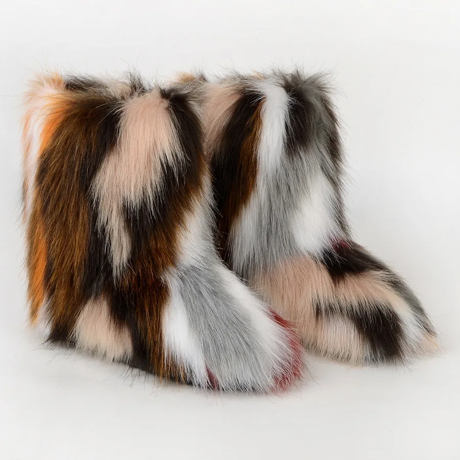 

Winter Women's Fluffy Faux Fox Fur Snow Boots Ladies Plush Boots Female Warm Luxury Footwear Girl's Furry Cotton Shoes Platform