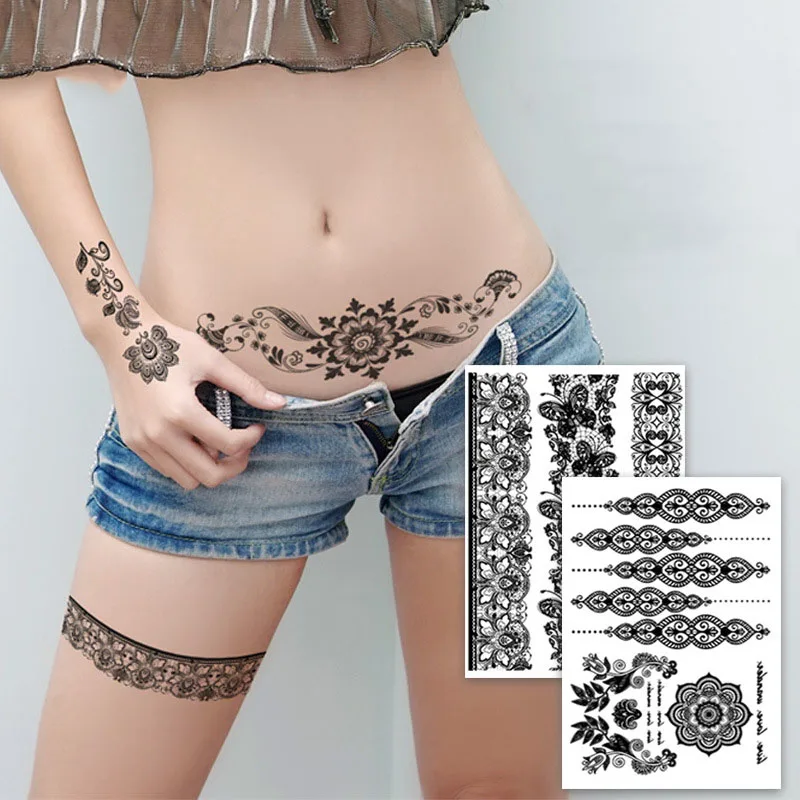 

Black Sexy Lace Temporary Tattoos Sticker For Women Girl Moth Mehndi Flower Fake Tattoo Stickers Flora Waterproof Tattoo