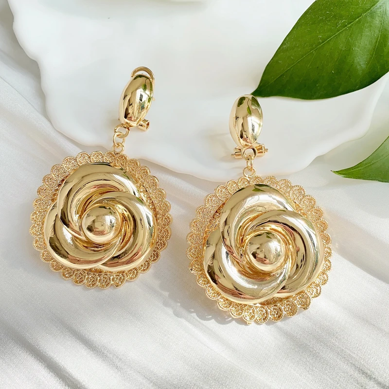 Women Trendy Clip Earrings Rose Flower Shape 18K Gold Plated Dubai Luxury Earrings For Women Wedding Party Anniversary Gift