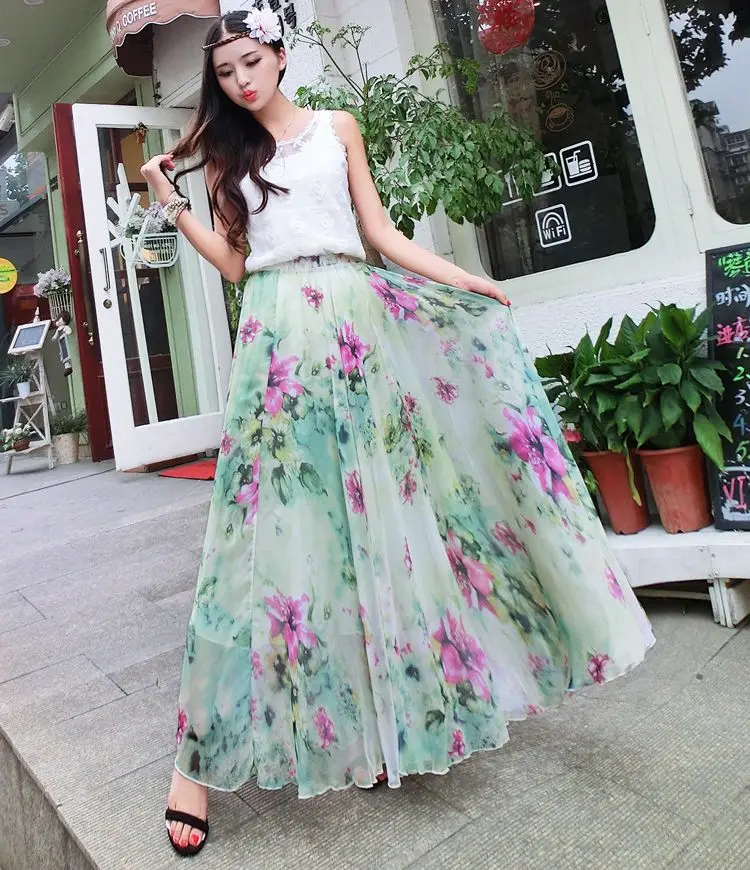 floral impressão maxi bohemia saia longa férias