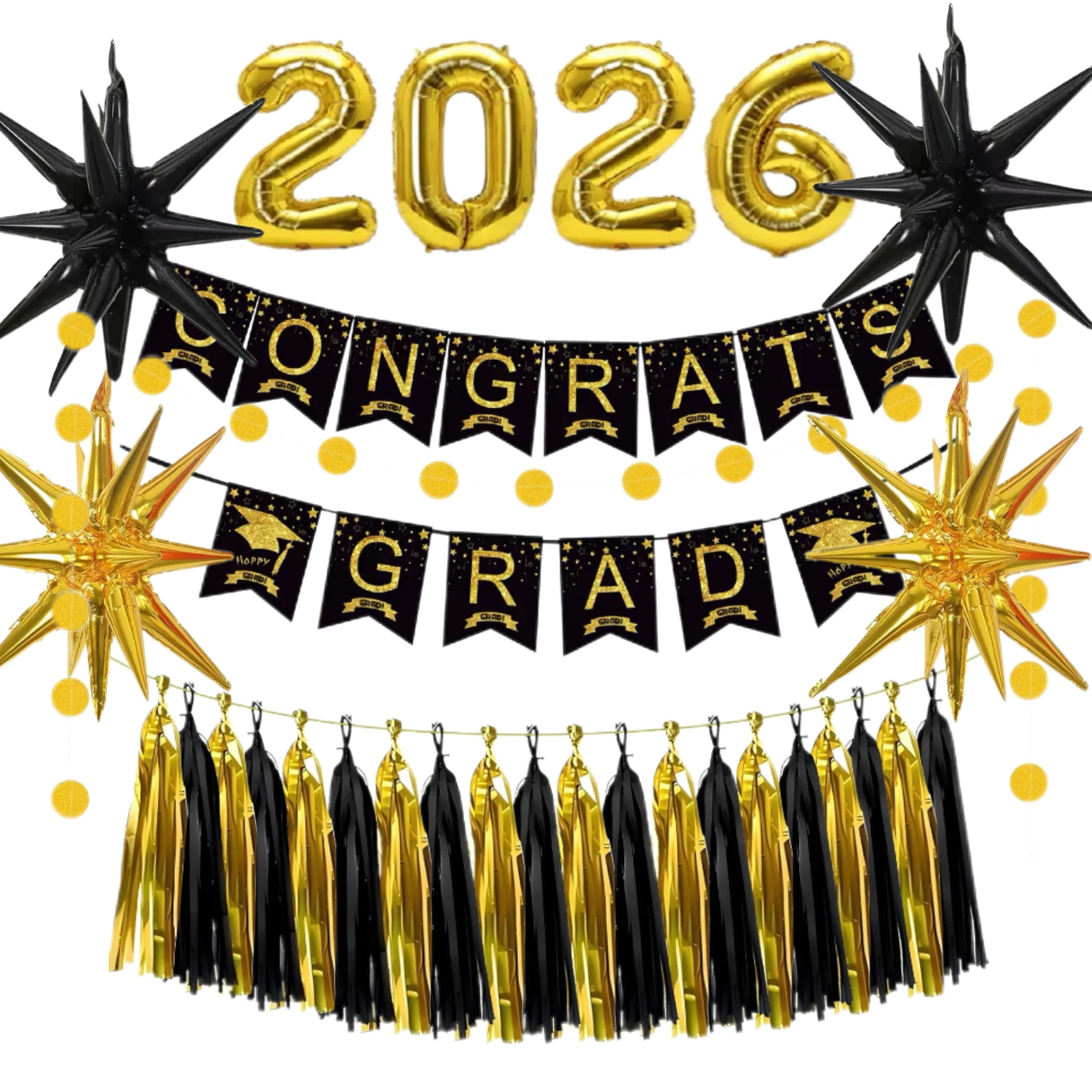 31개 2026 블랙 골드 졸업 테마 배너, 원형 배너, 골드 블랙 종이 태슬 풍선,..