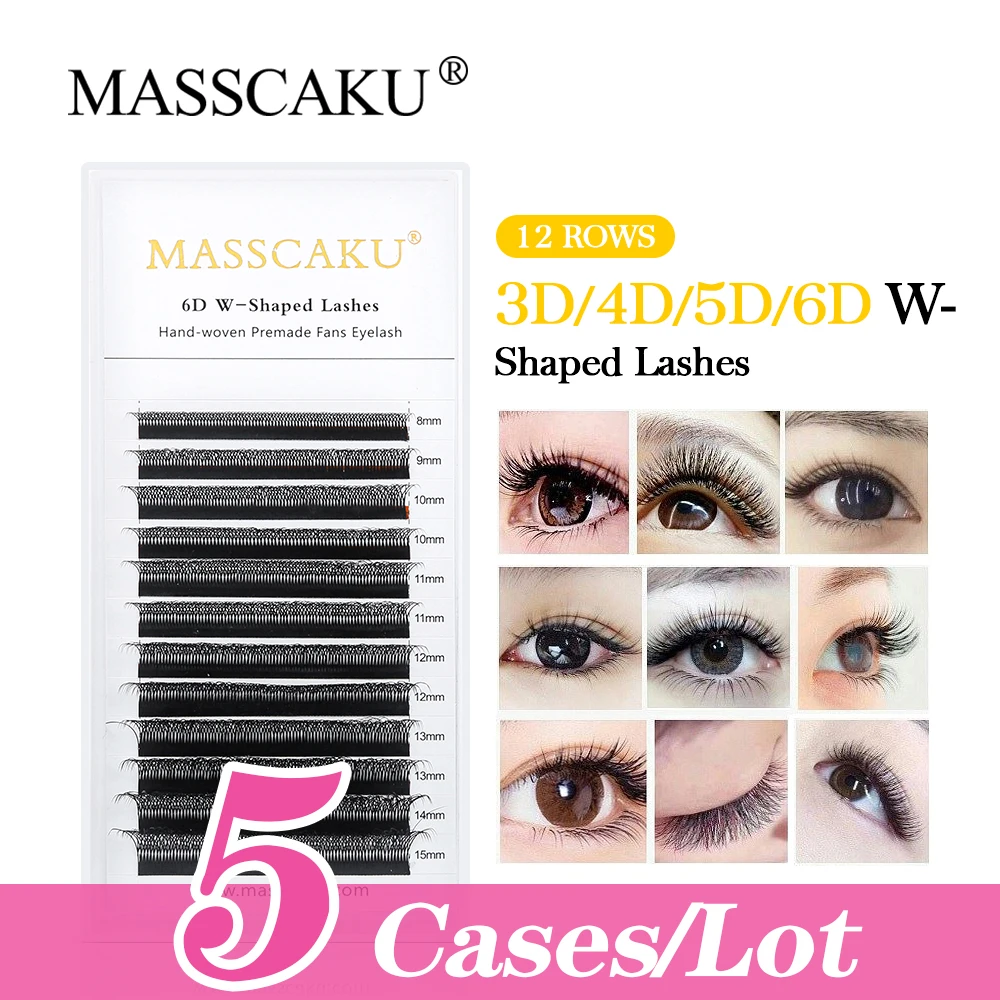 

5pcs MASSCAKU Easy Fanning 3D 4D W shape Eyelash Extensions Wholesale Natural Mink False Lashes Supplies Pink Eyelash Box