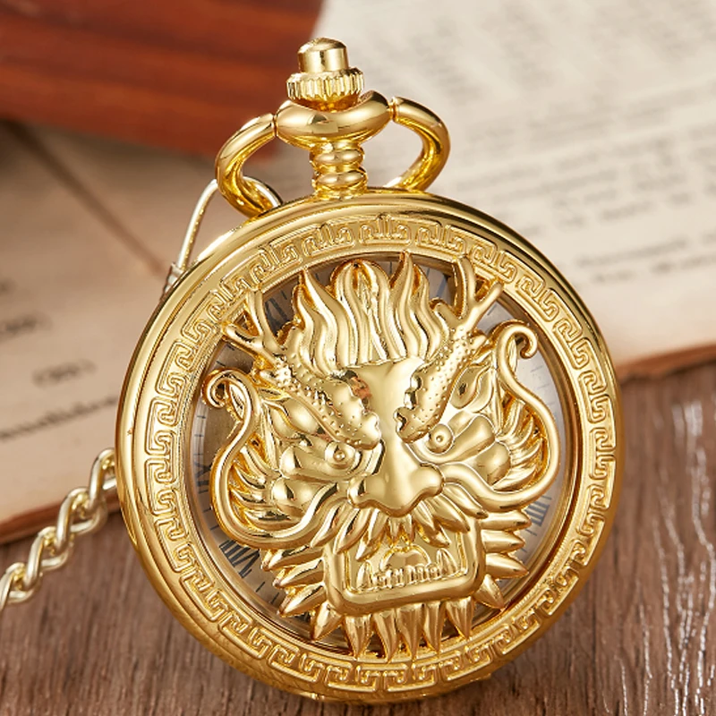 Vintage Chinese Unicorn Kylin Mechanical Pocket Watch Analog Skeleton Men Chain Stainless Steel Hand Wind Watch Necklace