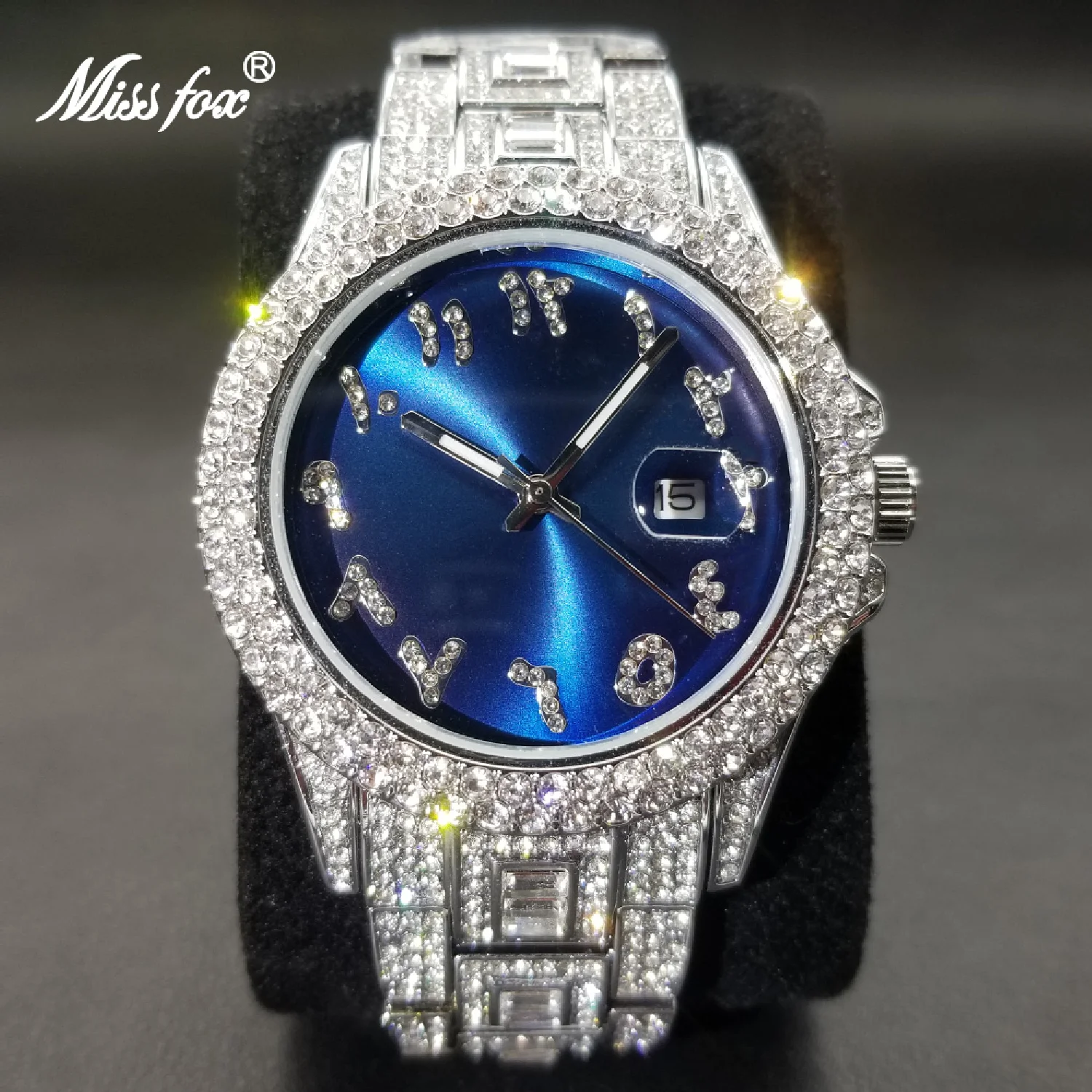 

New Hip Hop Ice Out Men's Watches Luxury Brand Moissanite Blue Dial Watch Fashion New Automatic Date Silver Relogio Masculino