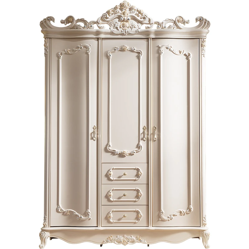 

European style wardrobe with three doors, 1.7-meter white bedroom furniture, French carving