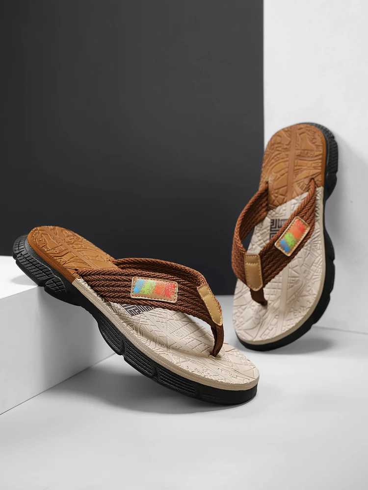 Men’s flip - flops, featuring a knitted upper with a colorful label, a two - colored sole, simple and stylish, in a casual style - 4