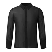 Vêtements pour hommes maille voir à travers maille Sexy chemise à manches longues couleur unie boutonné Vintage Streetwear rétro hauts de fête S-3XL 3