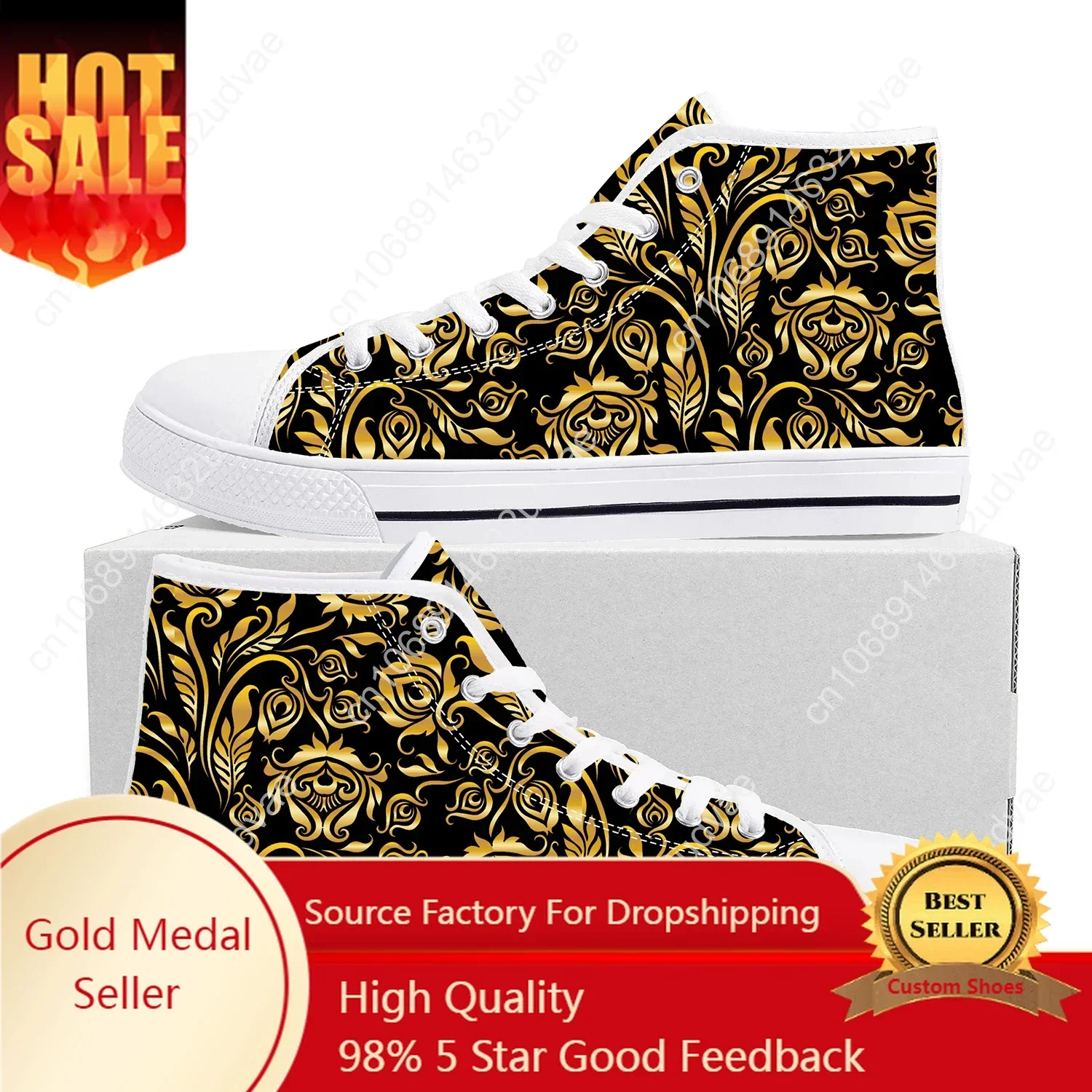 Luxury Golden Floral Prints High Top Sneakers Mens Womens Teenager Canvas Sneaker Baroque European Casual Shoes Custom Shoe