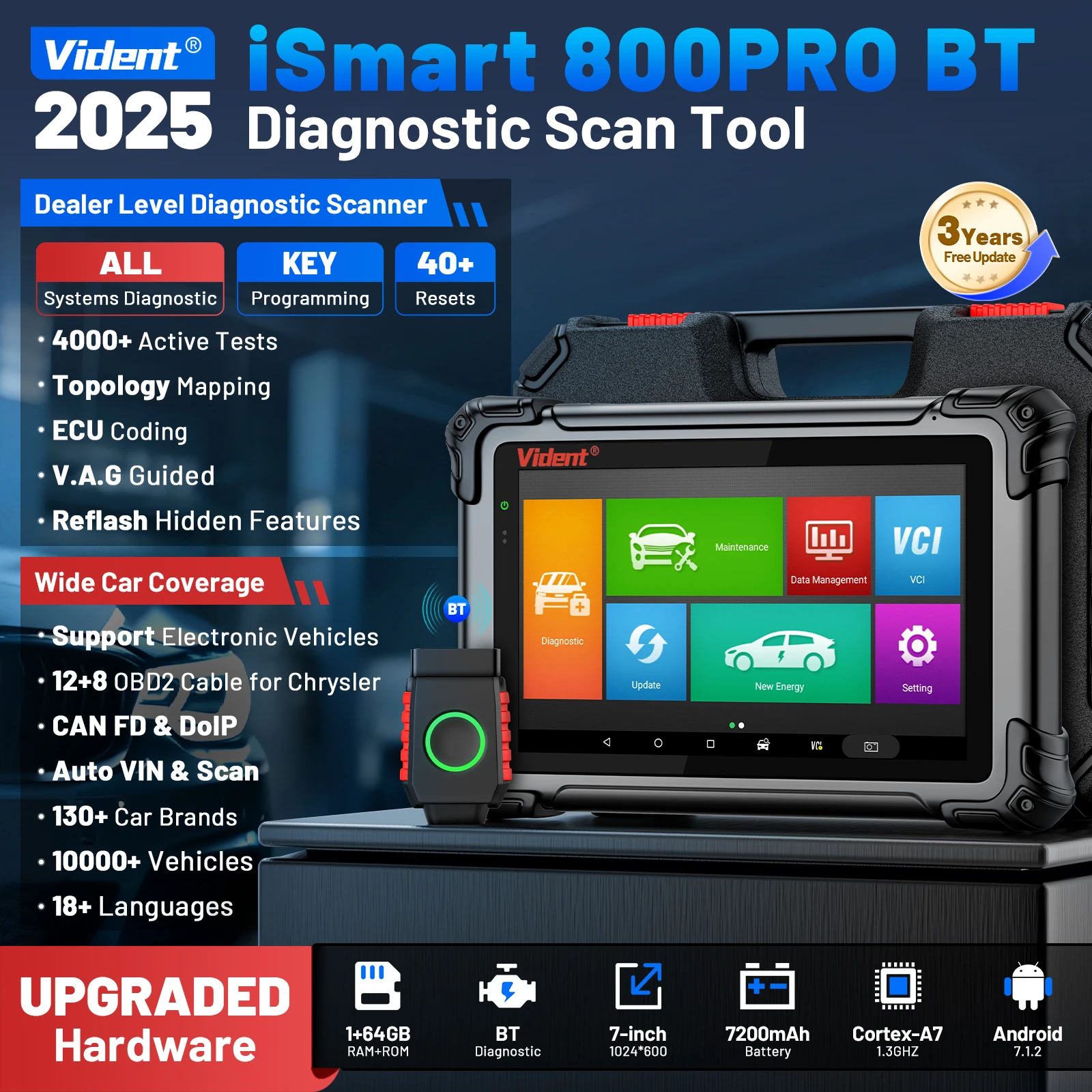 Car Scanner VIDENT iSmart800Pro BT Diagnostic Bi-directional Scan Tool ECU Coding Topology Map Key Programmer 40 Resets OBD2