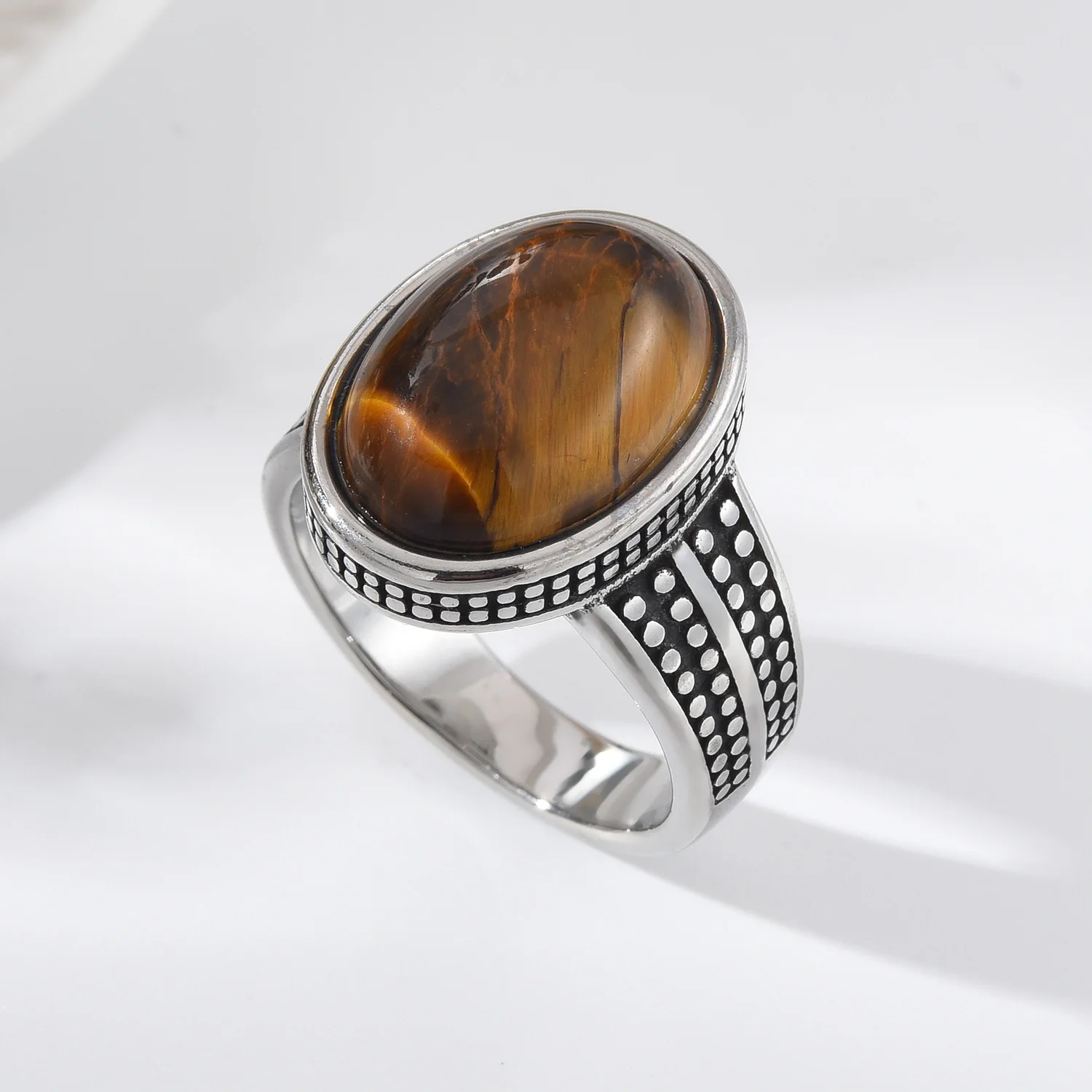 Klassische Ringe aus natürlichem Tigerauge-Stein, schlichte und stilvolle Ringe aus türkisfarbenem und schwarzem Onyx, aus 316L-Edelstahl.