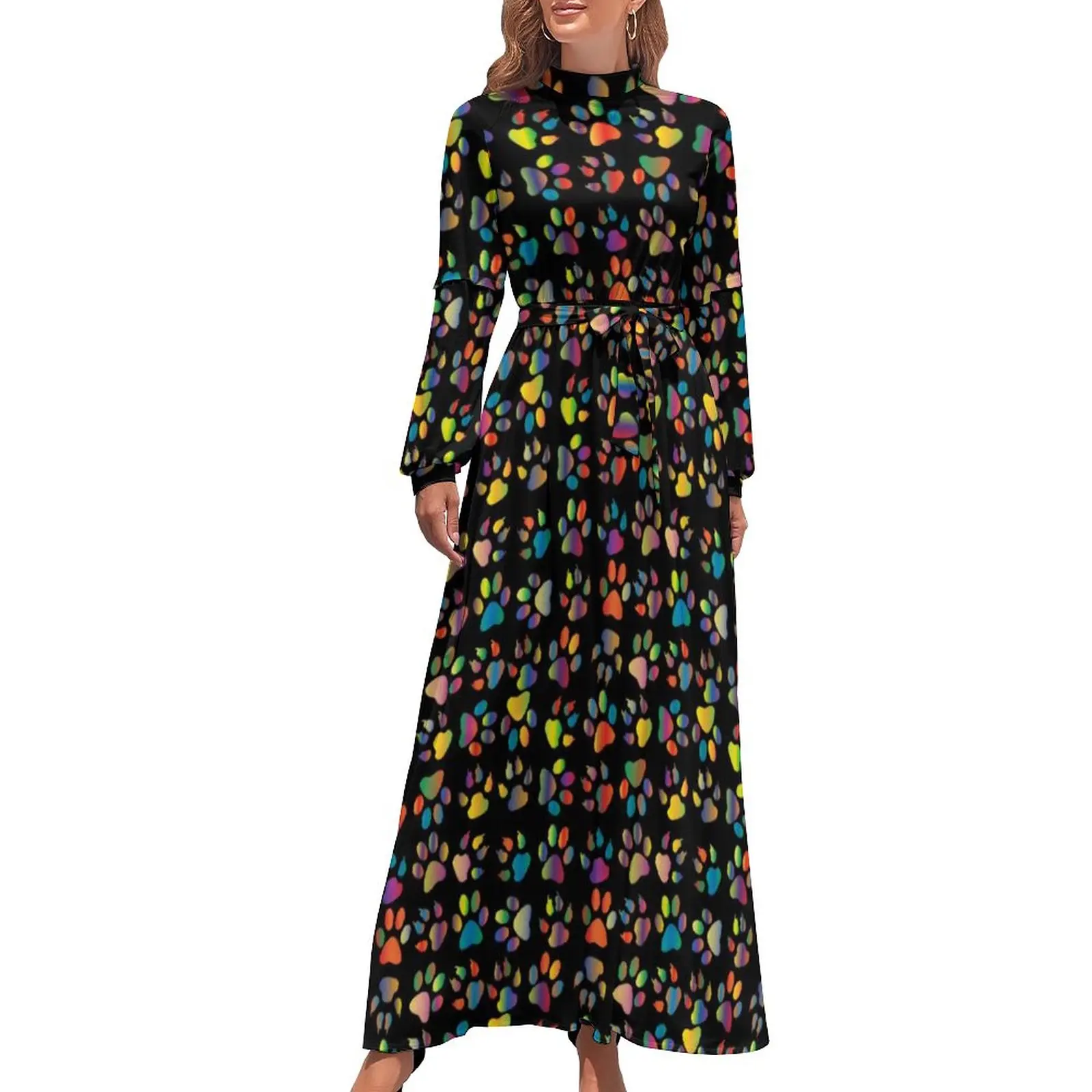 

Colorful Cat Paws Dress Abstract Rainbow Claws Print Trendy Maxi Dress High Neck Long Sleeve Aesthetic Beach Long Dresses