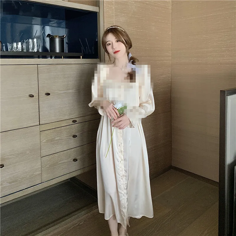 

Autumn New Ice Silk Nightdress Women's Backless Ruffle Cardigan Comfortable Palace Style Long Sleeve Lady Nightgown Home Clothes