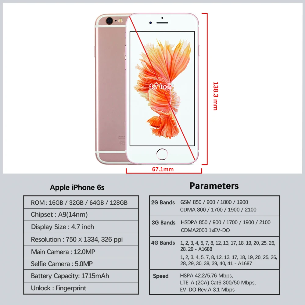 Apple iPhone 6s 16GB 32GB 64GB 128GB 2GB RAM 4.7" IPS LCD 4G LTE Dual Core IOS A9 12MP&5MP Original Unlocked 6S Mobile Phone iphone mobile phone