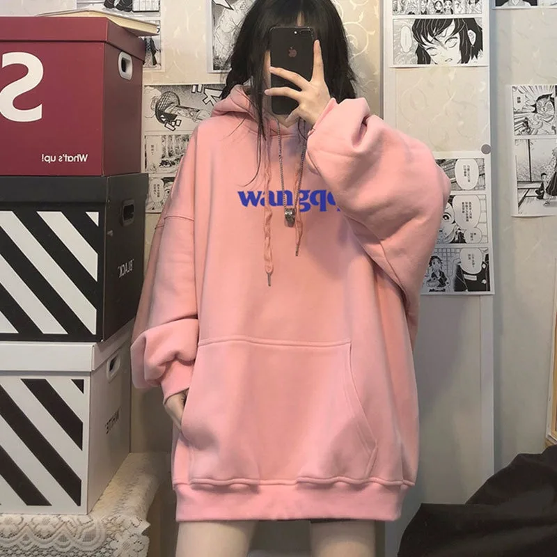 

Autumn Winter Letter Print Hoodie Korean Women Fashion Loose Hooded Sweatshirt Streetwear Clothes Oversized Pullovers Y2k 후드티