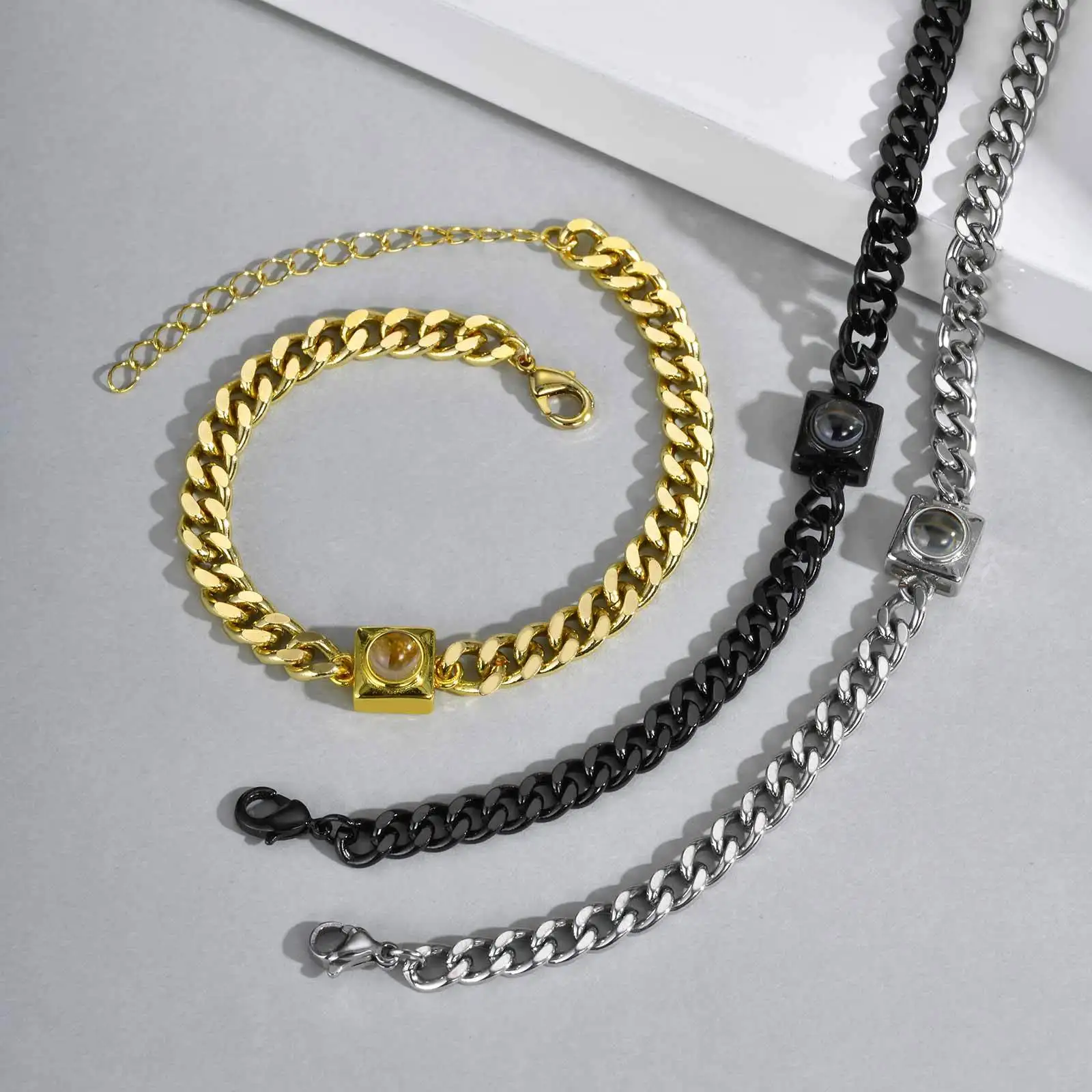 Photo Projection Stone Bracelet for Men Women,Stainless Steel Cuban Chain Wristband,Silver Gold Black Color Adjustable Chain