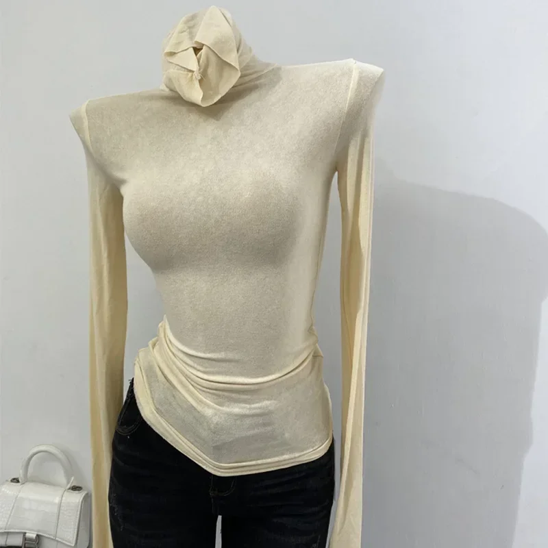 Thin Soft American Long Sleeve T-shirt High Stacked Neck Tight Perspective Bottom Shirt Women's Slim Fit Tops Sexy Streetwear