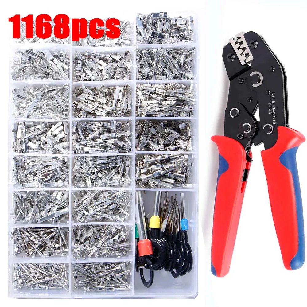 Crimp Terminal Car pin Connector 1/1.5/1.8/2.2/2.8/3.5mm Electrical Non-Insulated Plug Male Female Pins Removal & Pliers 1168pcs