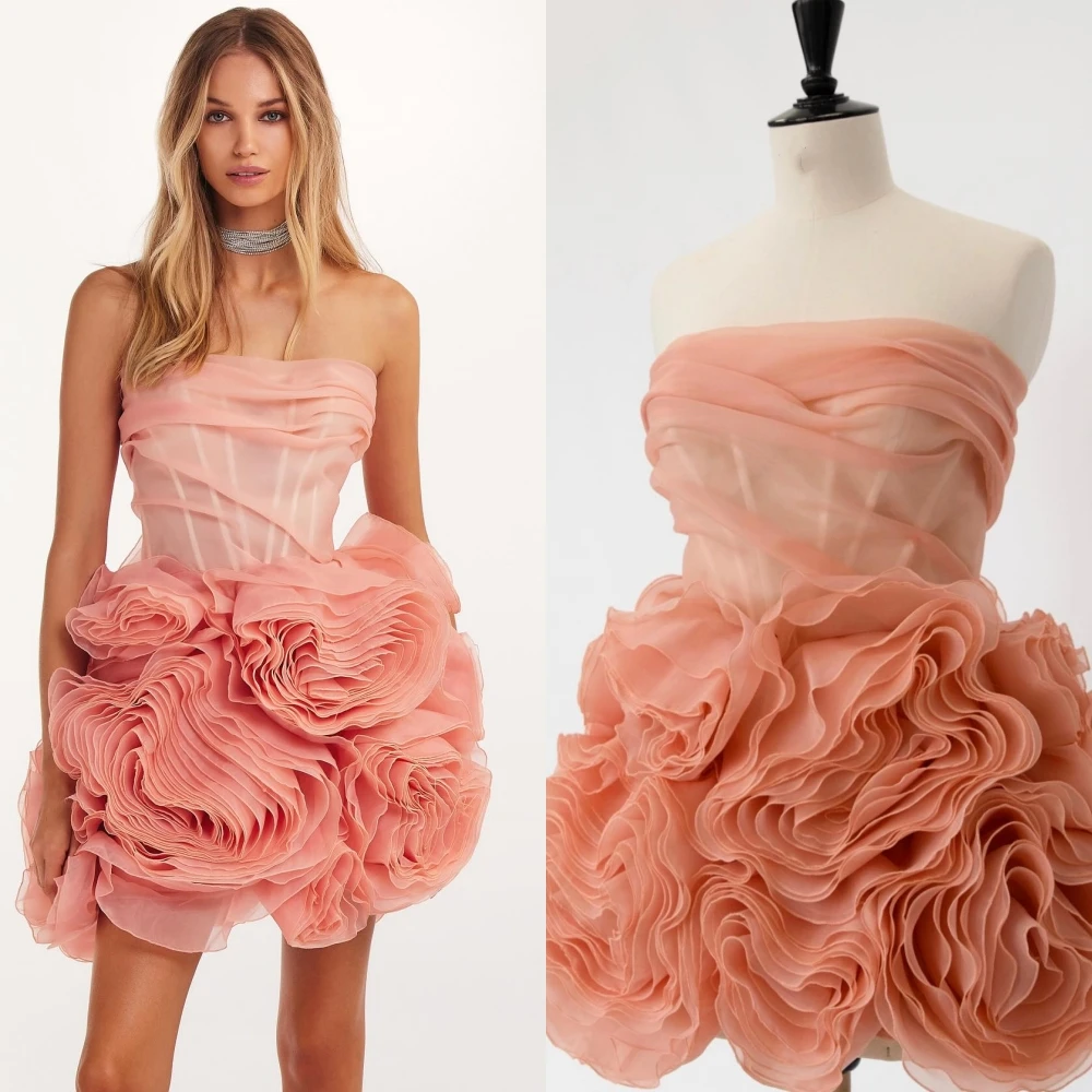 

Organza Pleat Ruched Clubbing A-line Strapless Bespoke Occasion Gown Knee Length Dresses