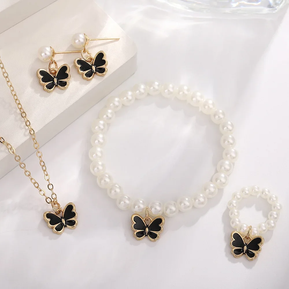 Jewelry Sets 4pcs/Set Butterfly Pendant Imitation Pearl Necklace Bracelet Earring Set For Women Girls