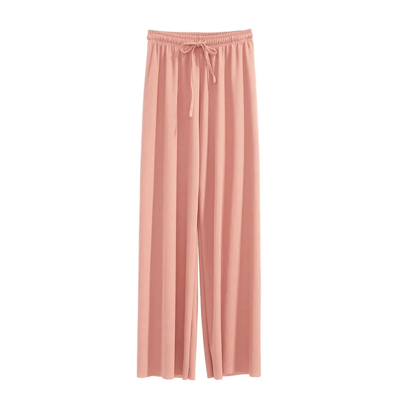 thumbnail image 1 of Pantalones largos de pierna ancha para mujer, informales, con cintura elástica lisa, holgados hasta el tobillo, de seda helada, rectos para primavera y verano, 1 of 5