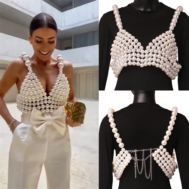 2022 New Stylish Rave Party Vest Bra Body Jewelry Pearl Beaded Cami Top  Cropped V-Neck White Blouse Crop Tops for Sexy Ladies