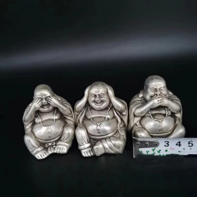 Китайская старинная серебряная статуя Будды счастья без слова Maitreya счастливая Сидящая статуя набор из трех