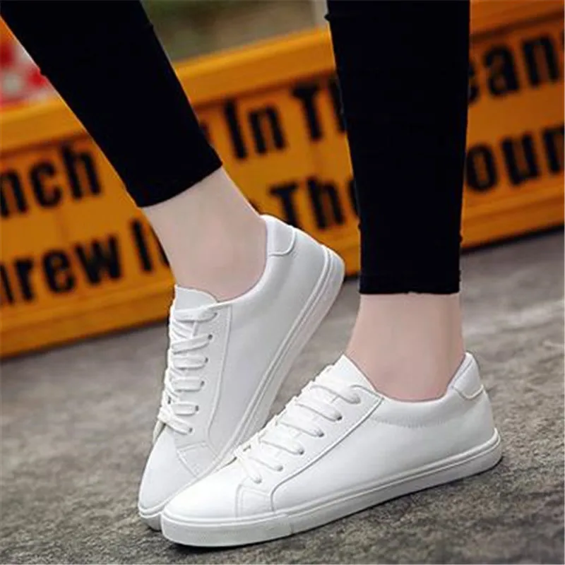 Women Shoes Fashion Sneakers High Quality PU Ladies Casual Loafers Lace-Up Low-cut White Sneaker Woman Vulcanize Flats Promotion