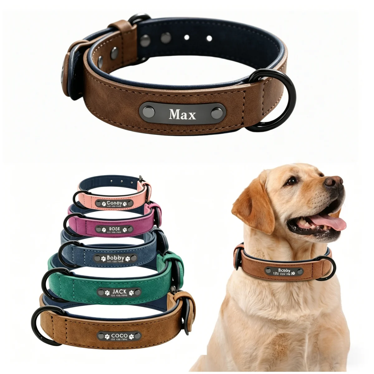 Personalized Name ID Tags Dog Collars Custom Text Name PU Leather Dog Collar For Small Medium Large Dogs Pitbull Bulldog Beagle